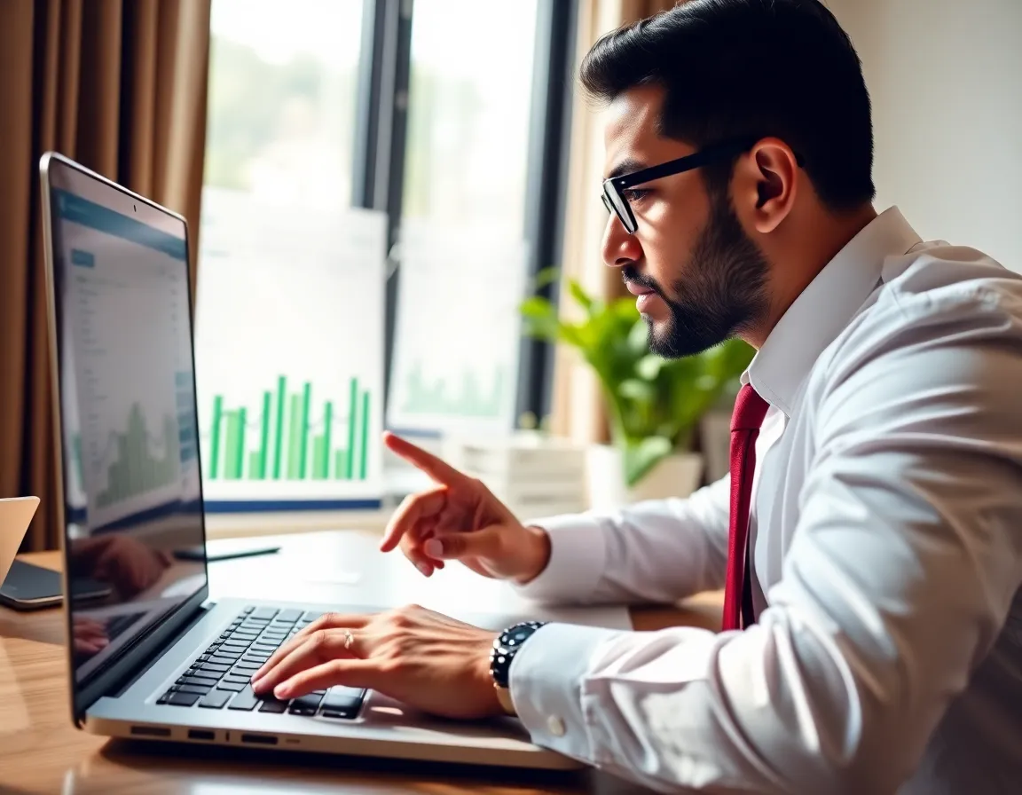 Professional accountant reviewing financial dashboard on laptop screen